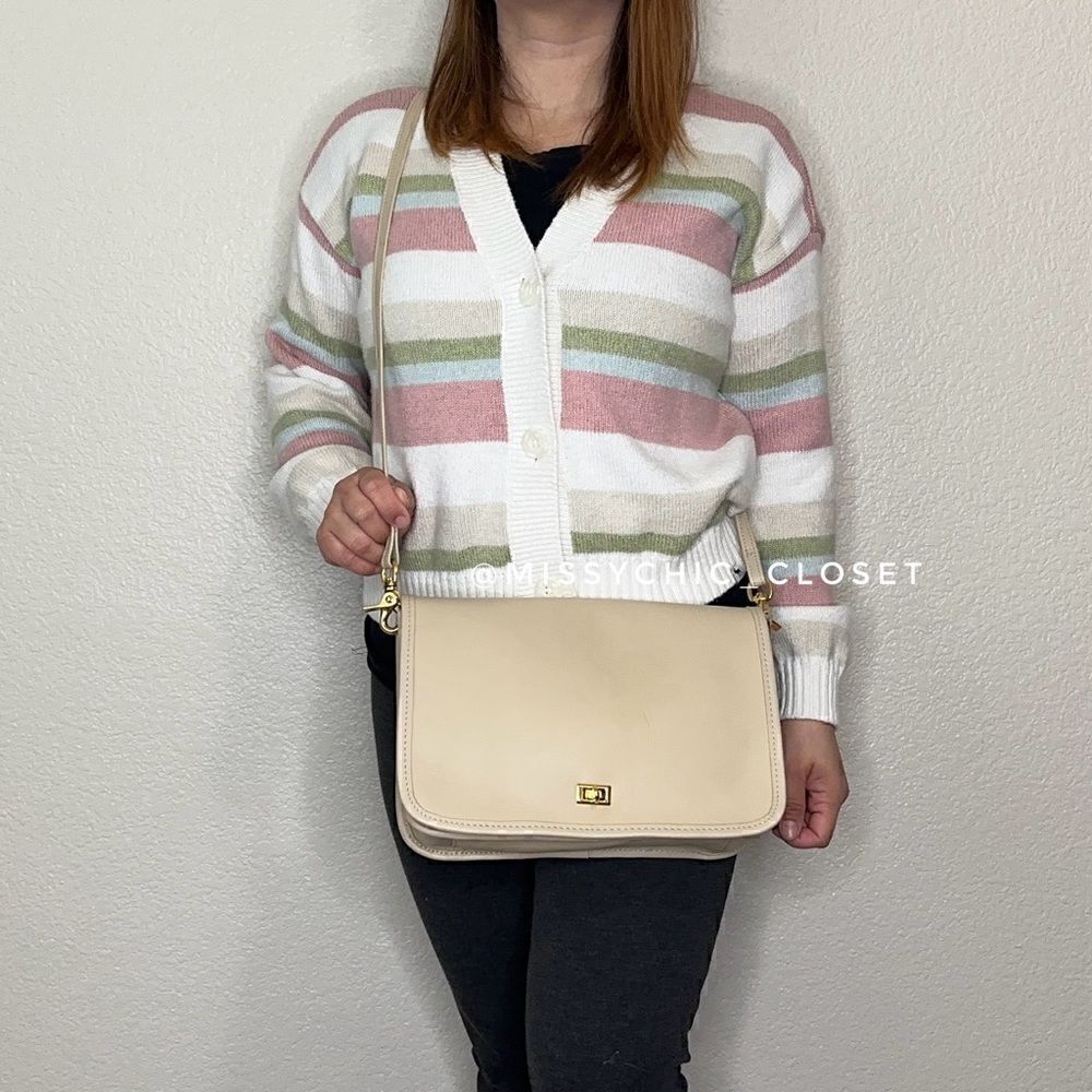 Anne Shaughnessy Genuine Leather Beige Twist Lock Crossbody Bag
